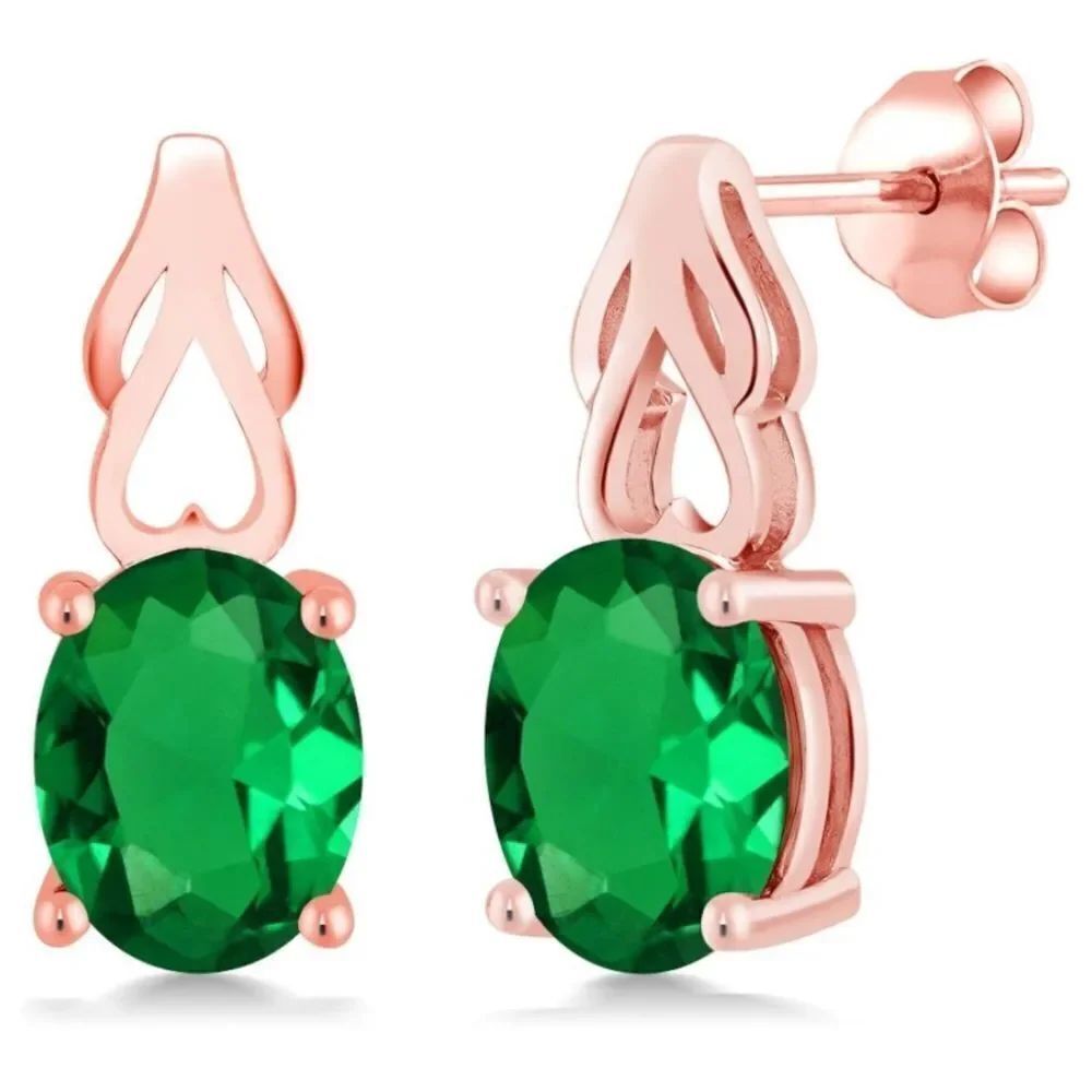 18K Rose Gold 925 with 3.00 Cttw Emerald Oval Post Back Drop Earrings